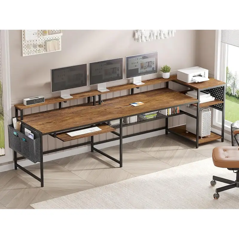 L Shaped Computer Desk Gaming Desk Keyboard Tray Power Outlets & LED