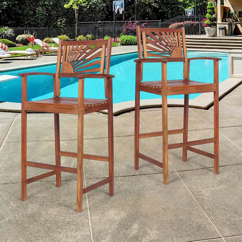 2 Pack Acacia Wood Bar Stools Outdoor Patio Bar Chairs With Sunflower Backrest Amp Curved Armrests - Comfortable And Ergonomic Design