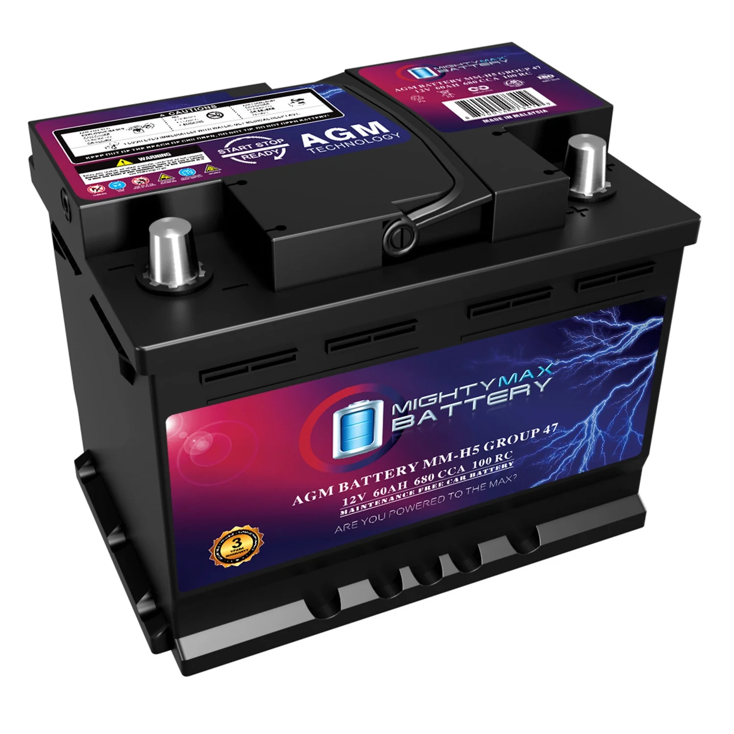 Oplaadbare autobatterij MM-H5 start-stop, BCI maat groep 47, 12 V 60 AH, 100 RC, 680 CCA, AGM-technologie.
