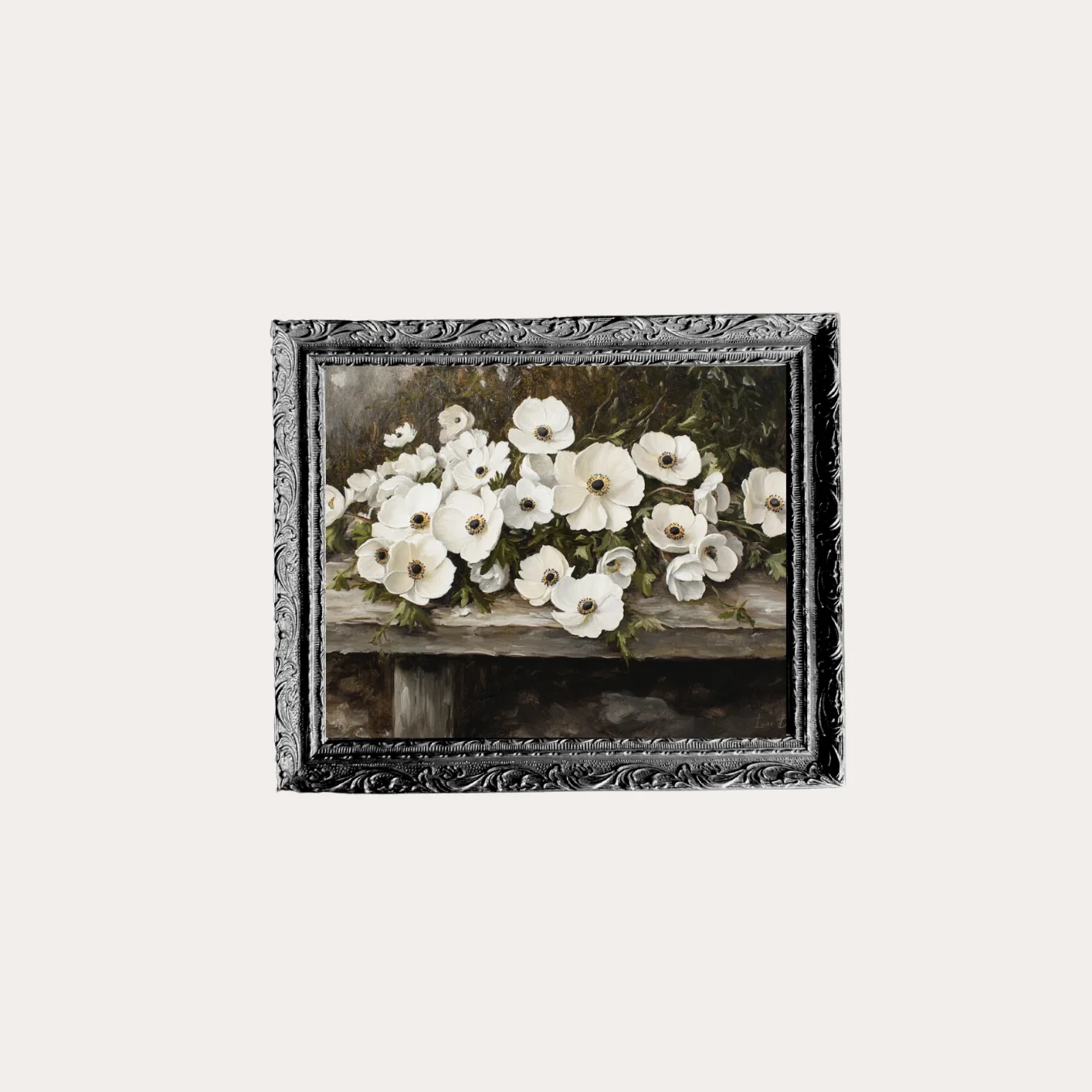 Rustic White Petal Flower | French Black Mould Framed Art