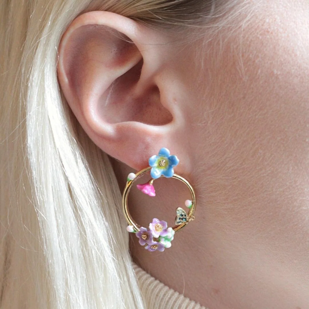 Spring Flower Enamel Hoop Earrings