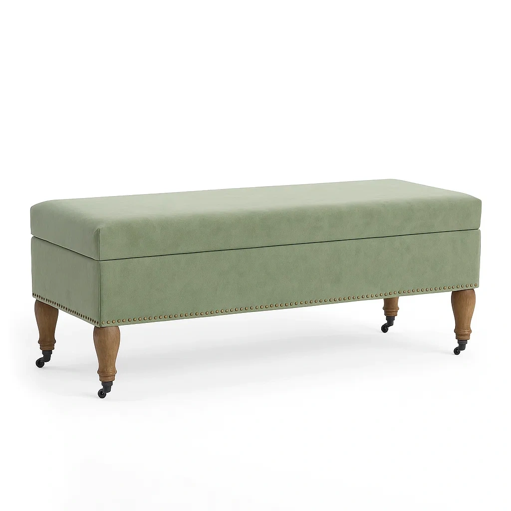 Banc de rangement en cuir synthétique vert et bois, 100x40x45 cm