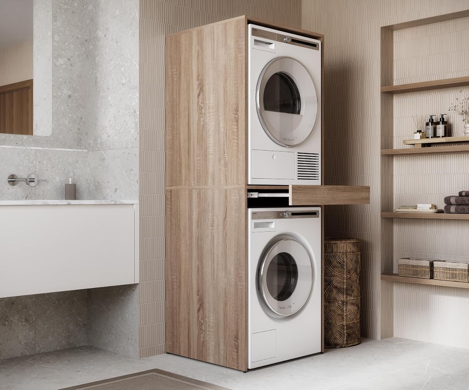 PLATAN ROOM Waschmaschine Trockner Schrank mit Ausziehbrett • Waschmaschinenschrank für Waschmaschine & Wäschetrockner • Überbauschrank 187 x 65 x 66 cm (Eiche Sonoma)