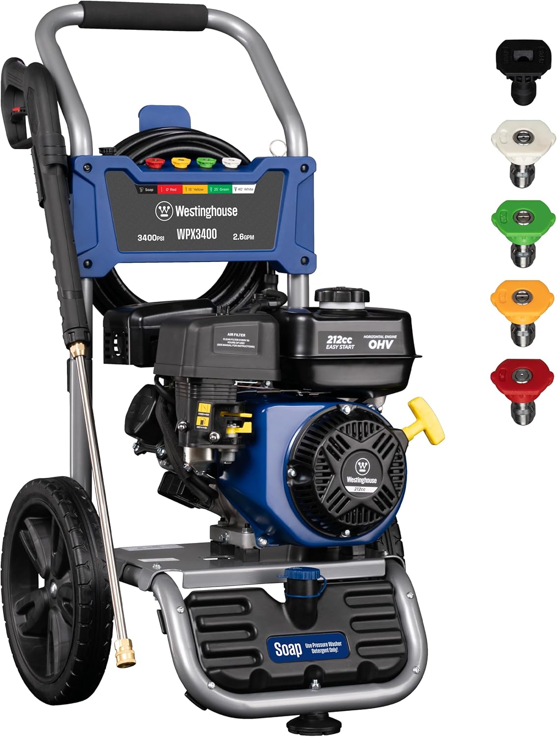 Westinghouse WPX3400 Gas Pressure Washer  3400 PSI and 2.6 Max GPM  Onboard Soap Tank  Spray Gun and Wand  5 Nozzle Set  for Cars/Fences/Driveways/Homes/Patios/Furniture
