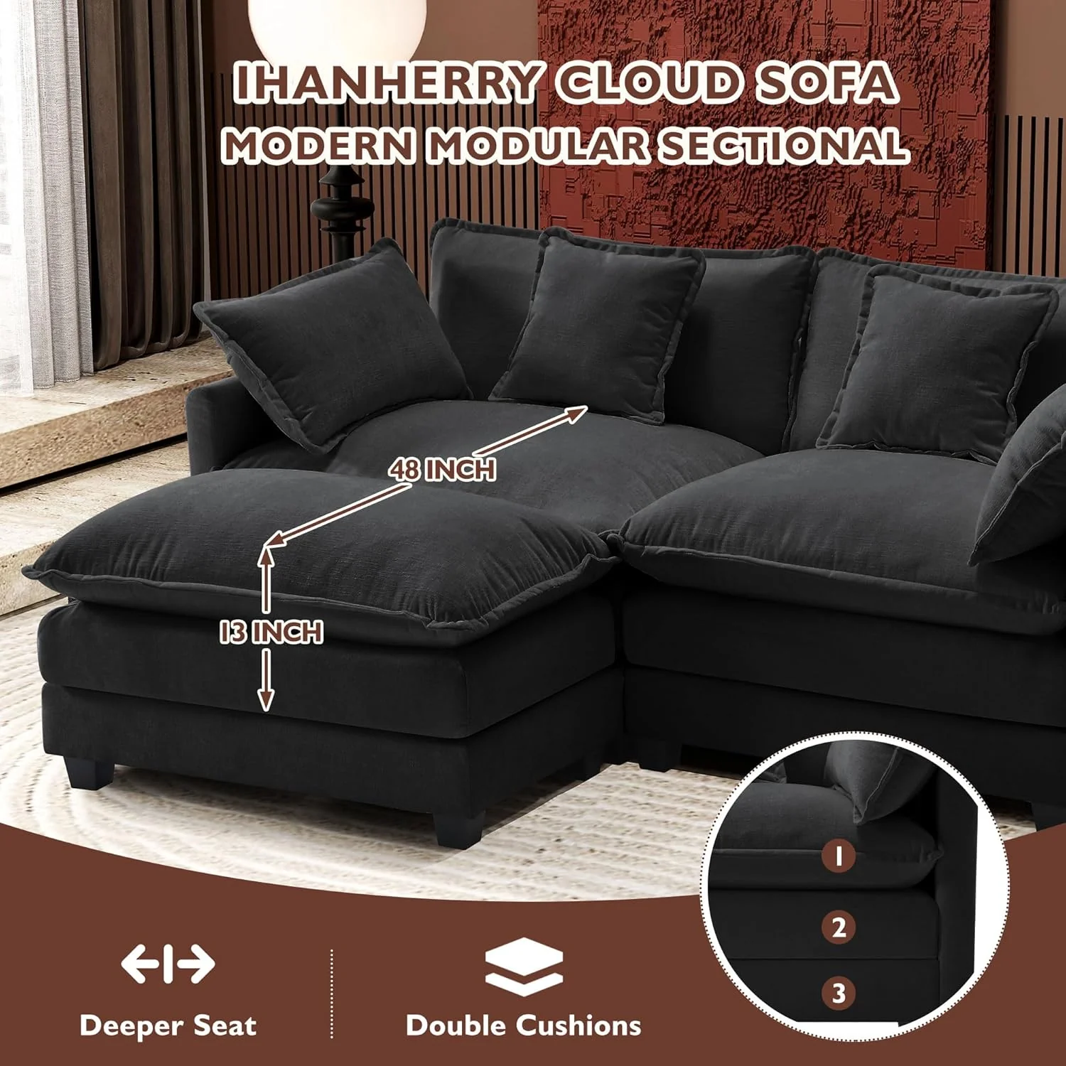 111.4 Inch L-Shaped Modern Sofa Modular Cloud Sofa Ottoman 4-Seater Chenille Deep Seat Sofa