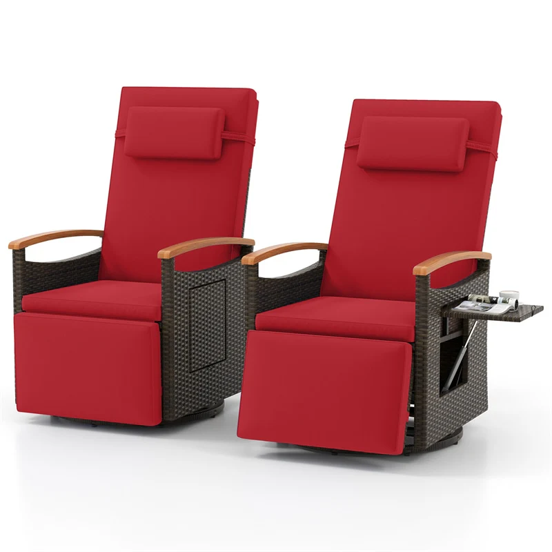 Outdoor Rattan 360° Swivel Recliner Chair, Patio Wicker Chaise Lounge Chair with Adjustable Backrest & Footrest, Flip Side Table & Cushions