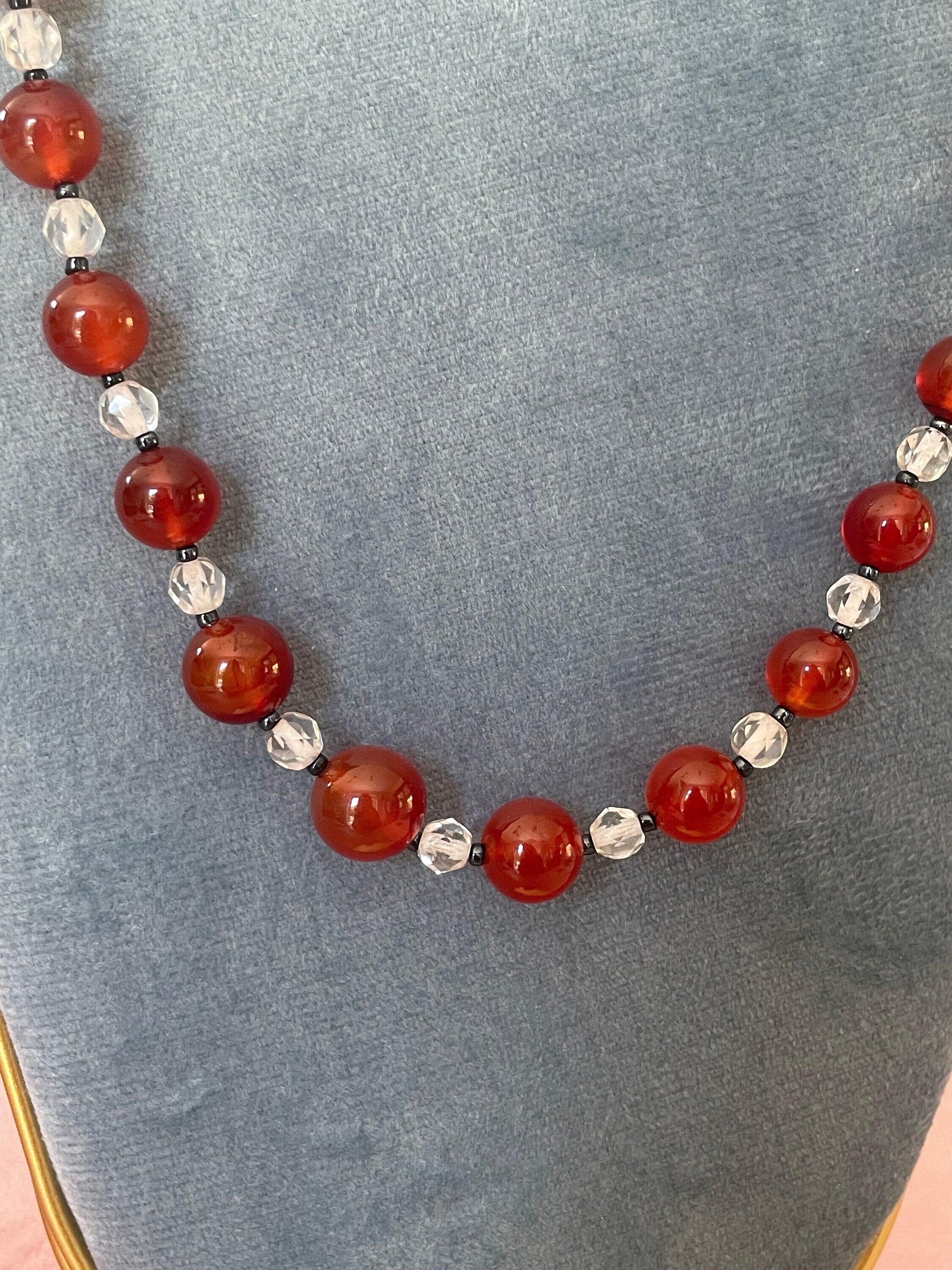 1930s Long Carnelian and Glass Bead Necklace