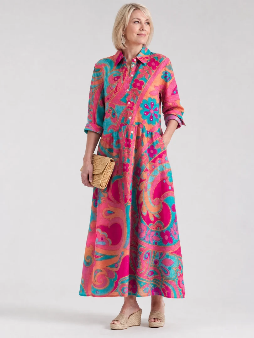 Women��s Printed Midi Dress Button Front Collared Style