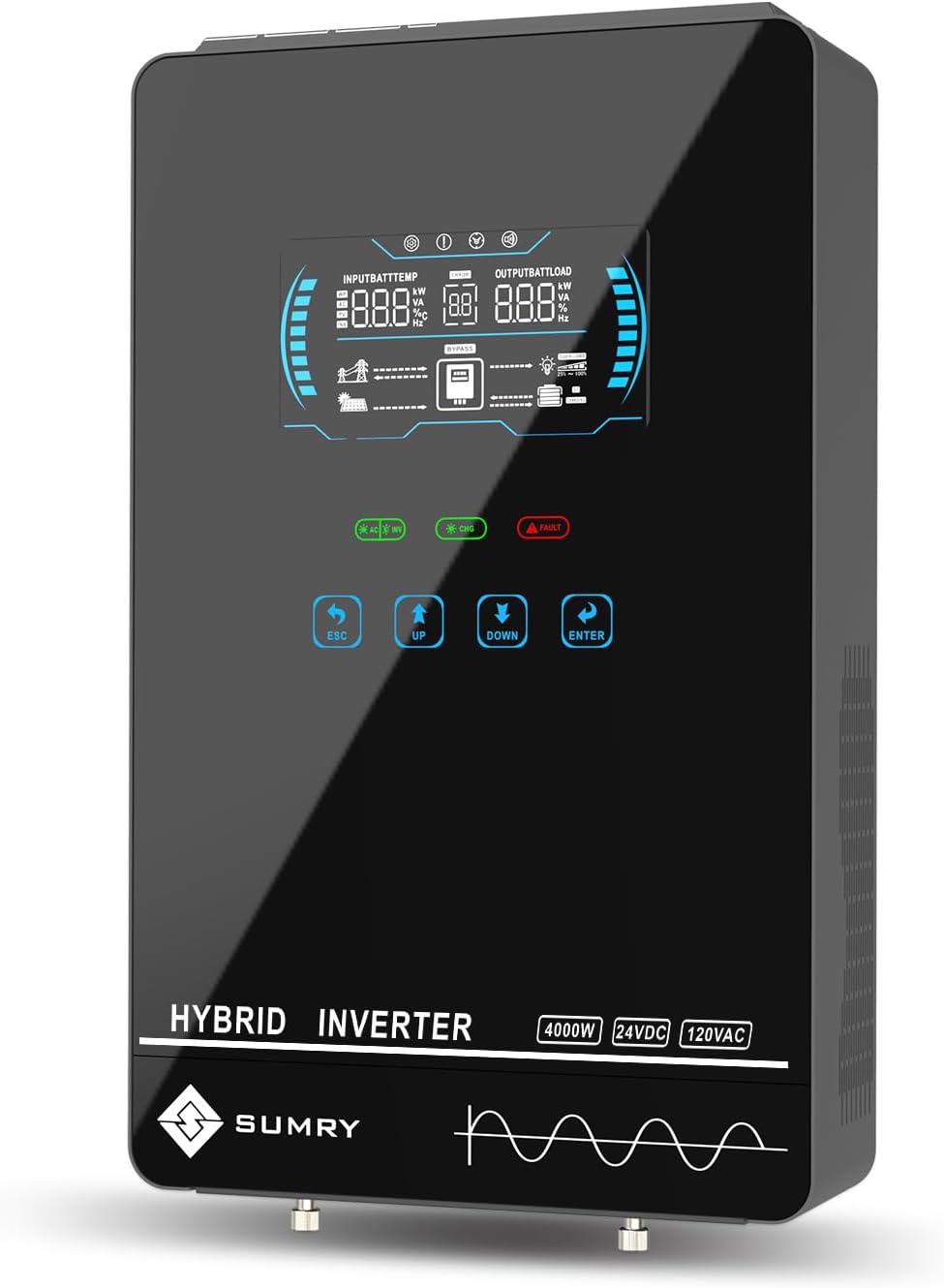 SUMRY Hybrid Solar Inverter  4000W DC 24V to AC 120V Pure Sine Wave Power Converter  Glass Top Cover with LCD Display  140A MPPT Charge Controller  Supports Battery-Less or AGM Lithium Battery