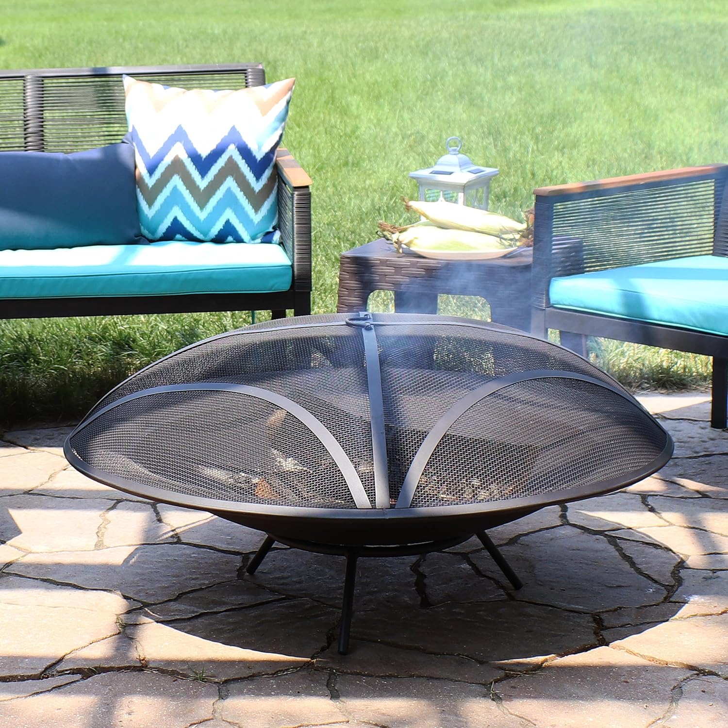 Sunnydaze 39-Inch Replacement Steel Fire Pit Bowl with Round Spark Screen - High-Temperature Painted Finish