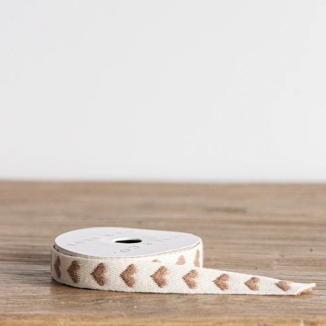 Warm Taupe Hearts Woven Ribbon