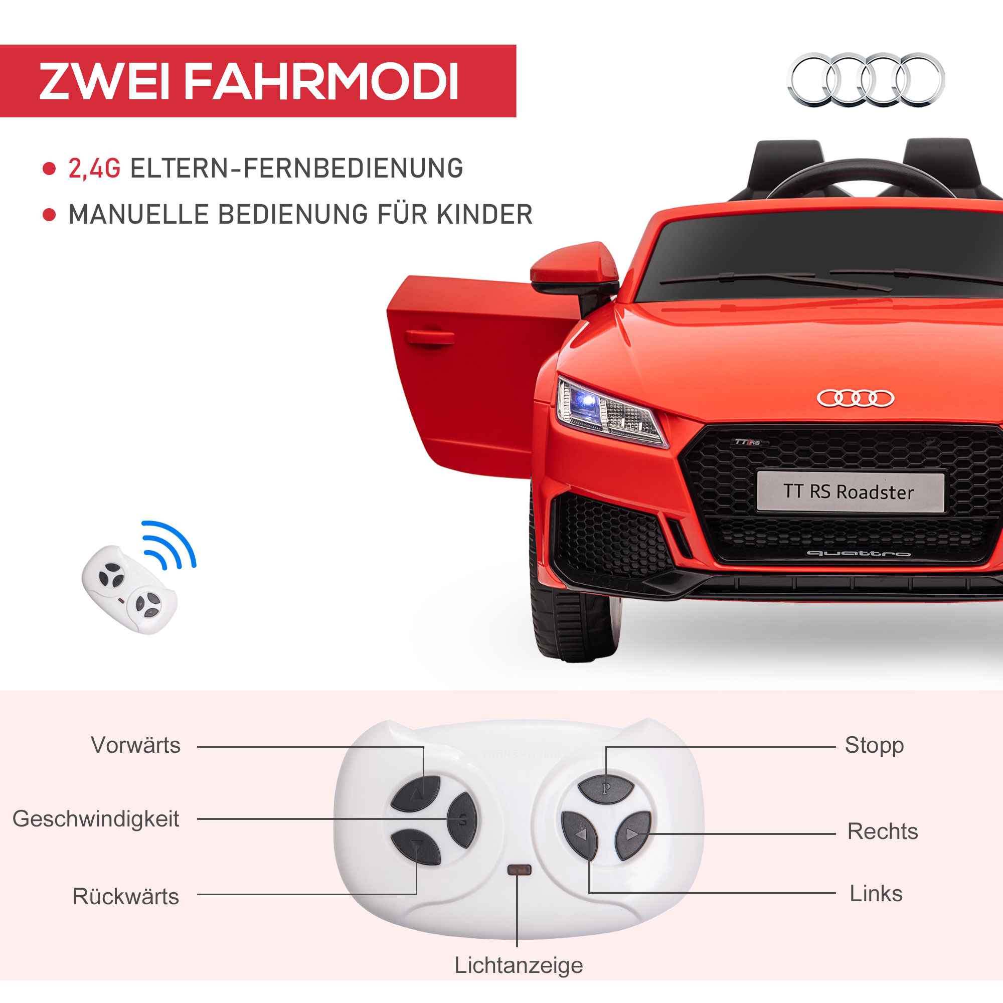 HOMCOM® kindervoertuig elektrische auto Audi TT RS afstandsbediening MP3 3-8 jaar PP rood 103 x 63 x 44 cm | Aosom.de