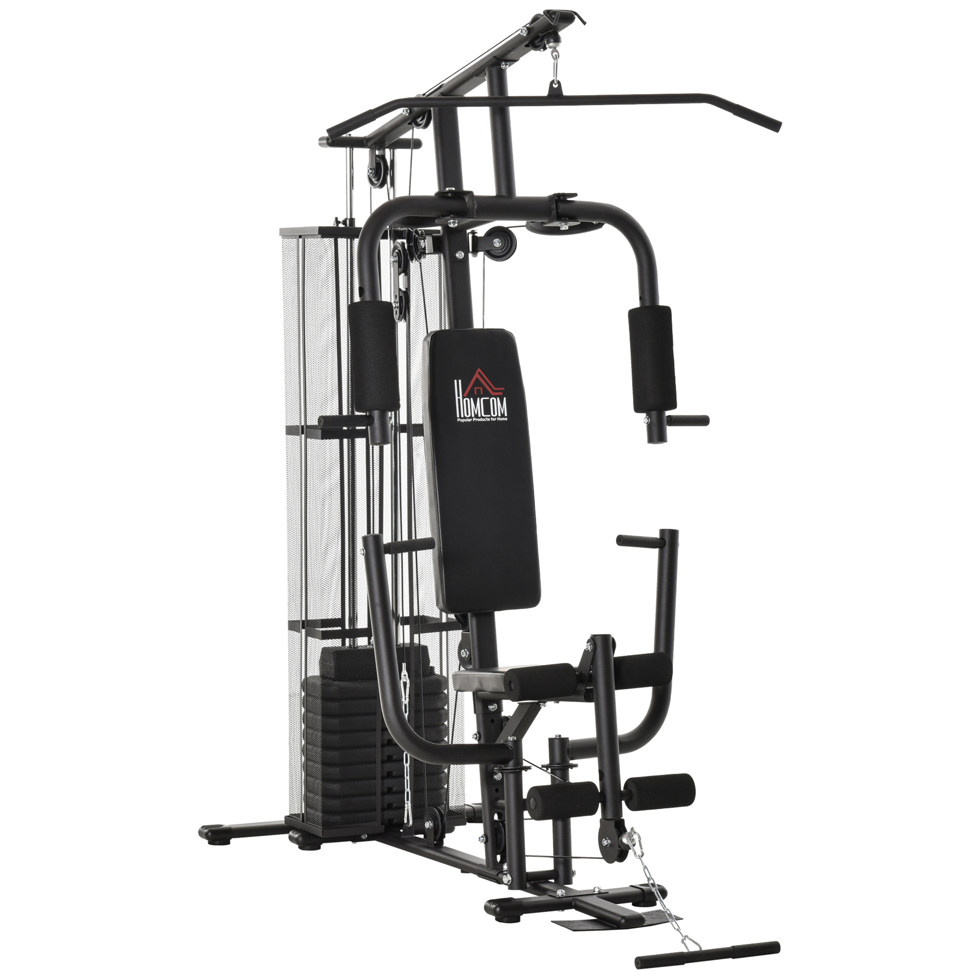 HOMCOM Gym Krachtstation Fitnessstation Multigym Fitnesscentrum Fitnessapparatuur incl. gewichten Latzug Beincurl Metaal PU-kunstleer zwart 150 x 110 x 210 cm