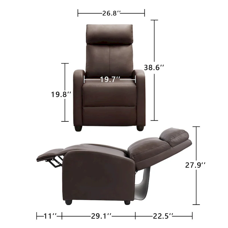 PU Leather Push-Back Recliner Chair, Brown / Black / Grey / Khaki / Red / Beige, Single