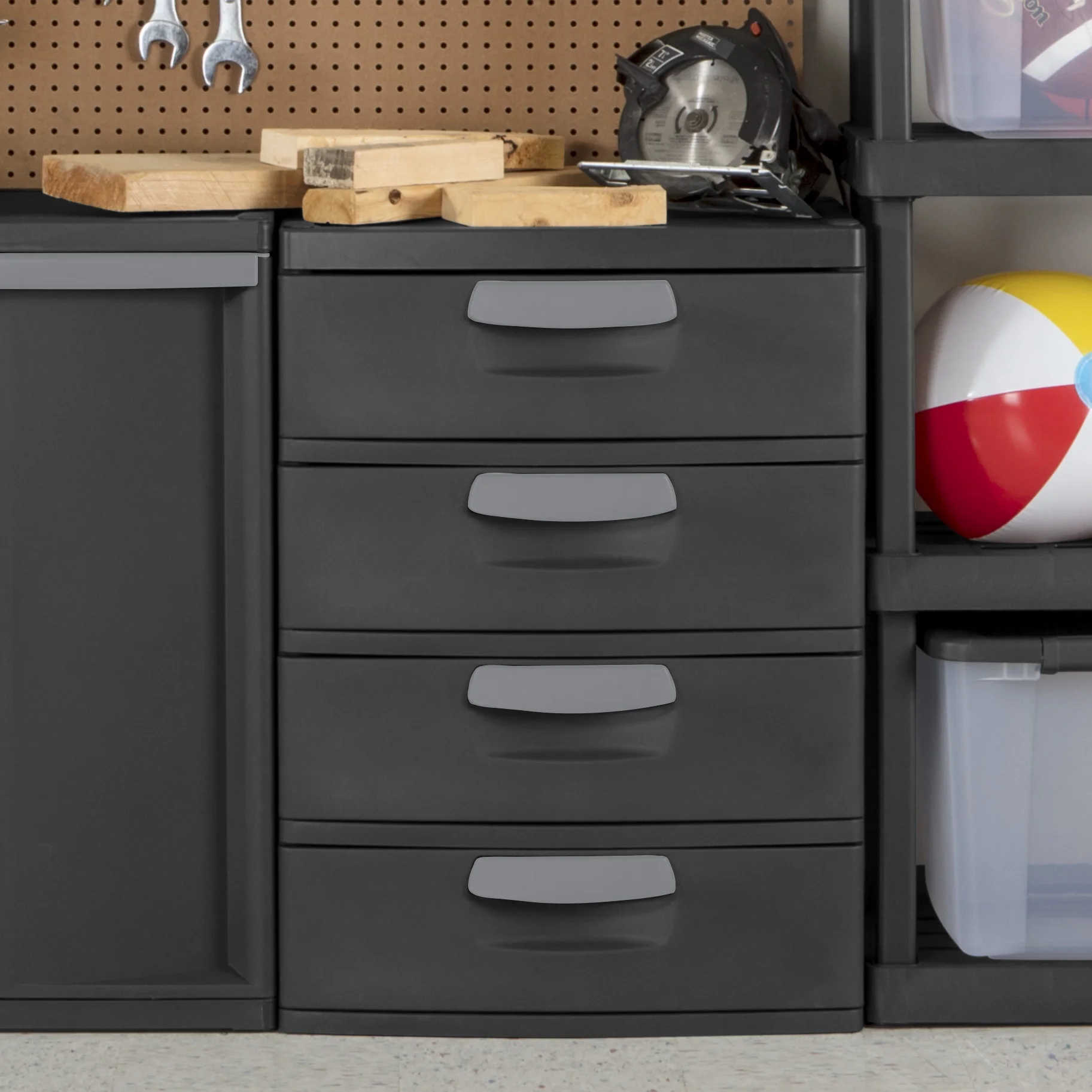 Sterilite 4 Drawer Unit, Durable Plastic Storage Solution for Garages and Basements, Dark Gray
