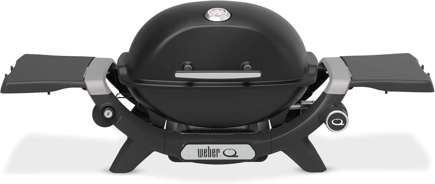 Weber Q 1200N gázgrill oldalsó asztalokkal/könnyű grill kempingezéshez, teraszra és erkélyre nagyteljesítményű égővel, porcelánzománcozott öntöttvas rácsokkal és elektronikus gyújtással, éjfekete