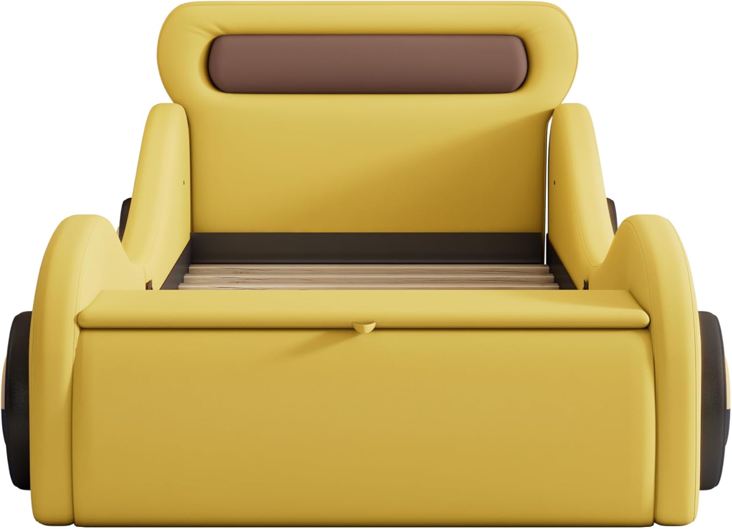 Autobett Kinderbett Jugendbett 90x200, Polsterbett Einzelbett mit leuchtenden Rädern&Stauraum, Aufregendes Auto Kinderbett für kleine Rennfahrer, Kinder Spielbett mit Lattenrost, PU,Ohne Matratze,Gelb