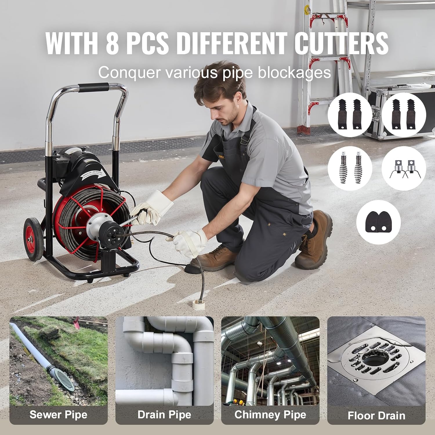 Drain Cleaner Machine 100FT x 1/2 Inch, Auto Feed Sewer Snake Auger on Wheels, 550W Portable Drain Cleaning Machine with 8 Cutters & Air-activated Foot Switch for 2