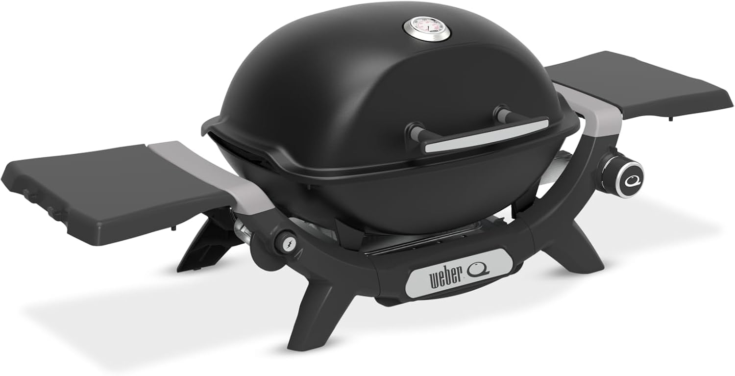 Weber Q 1200N Gasgrill mit Seitentischen/leichter Grill für Camping, Terrassen & Balkone mit Hochleistungsbrenner, porzellanemaillierten Gussrosten & elektronischer Zündung, Mitternachtsschwarz