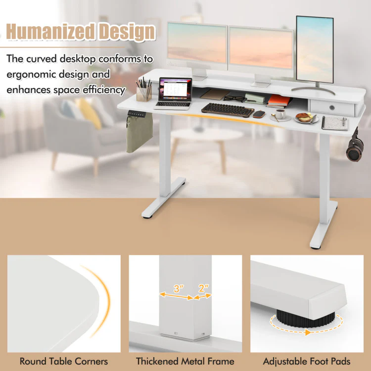 Electric Standing Desk with 2 Drawers, 3 Memory Positions, 63