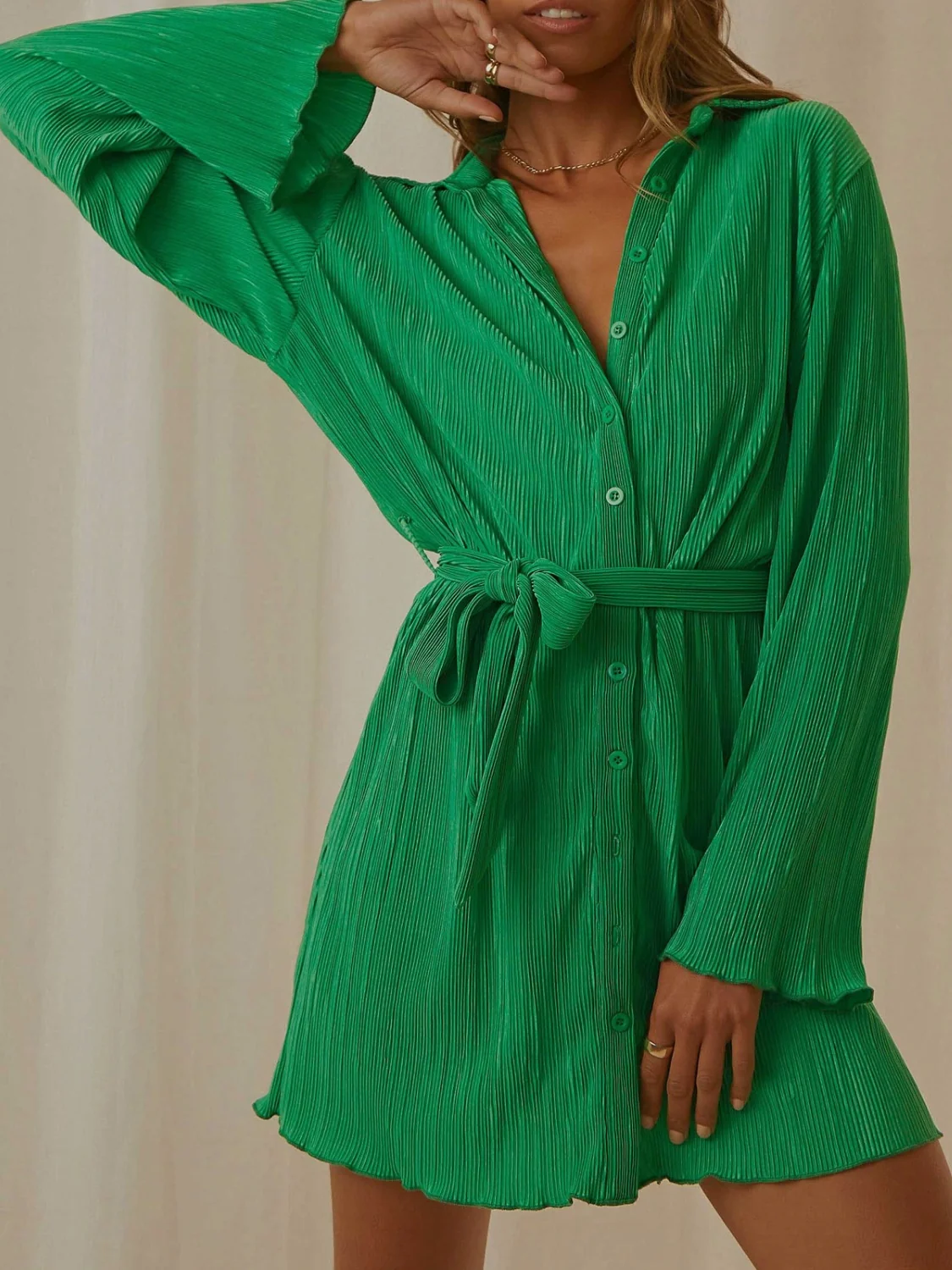 Tied Button Up Long Sleeve Dress