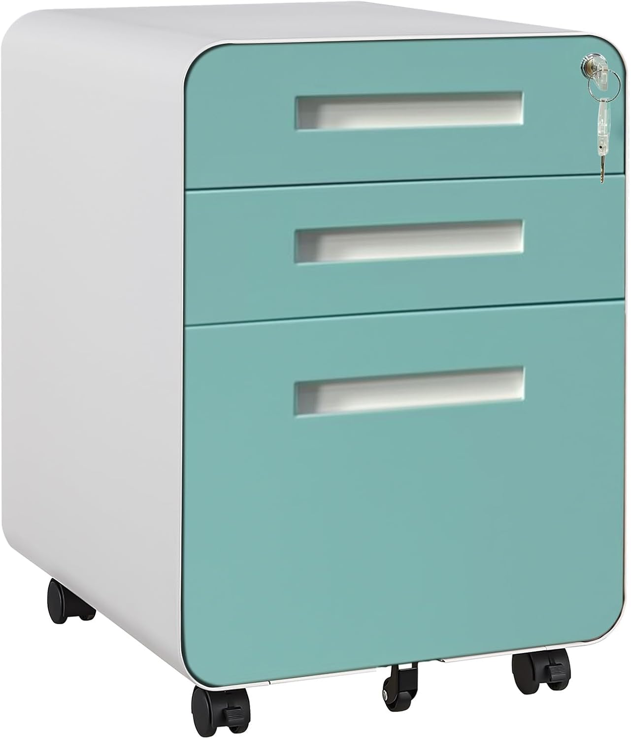 Garvee 3 Drawer File Cabinet with Lock, Under Desk Metal Mobile Filing Cabinet for Home Office, 5 Wheels Anti-Tipping Rolling File Cabinets for A4/Letter/Legal Size, Fully Assembled, Blue