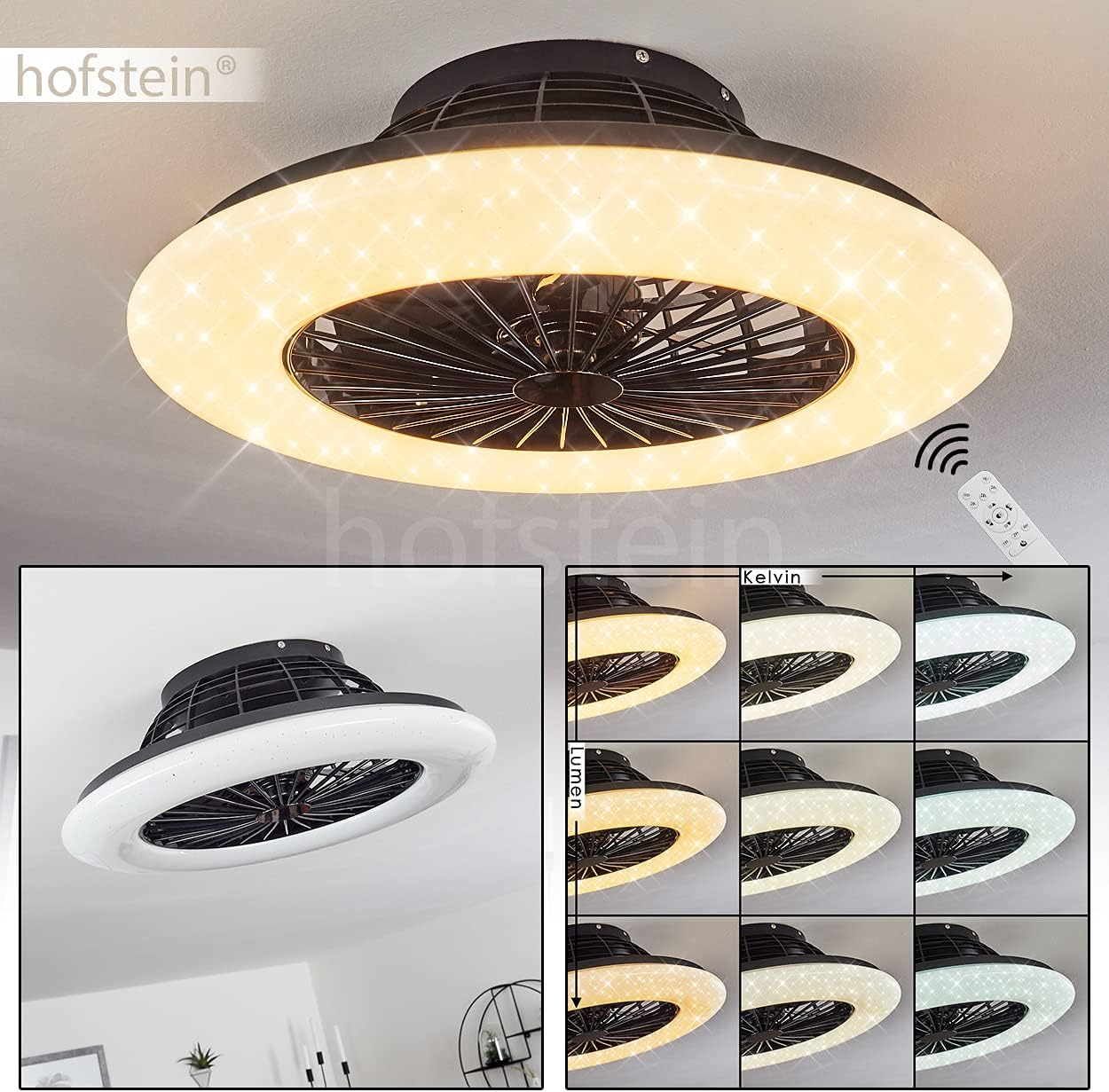 LED Deckenventilator Piraeus, Deckenlampe mit Ventilator aus Metall und Kunststoff in Schwarz und Weiß, über Fernbedienung dimmbar, Timer und Nachtlicht, 30 Watt, 2200 Lumen, 3000-6500 Kelvin
