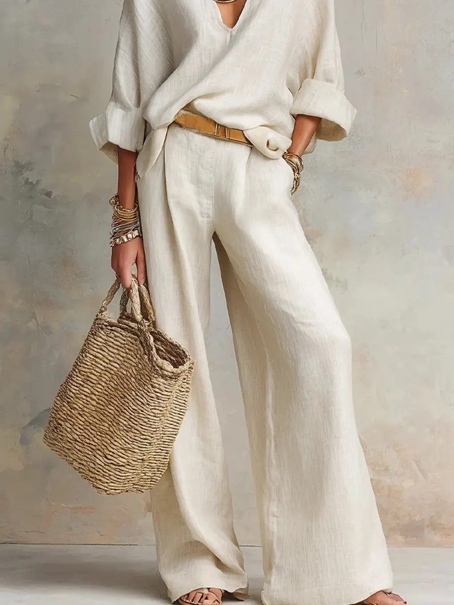 Women��s Two-Piece Pants Set Relaxed V-Neck Wide Leg Style