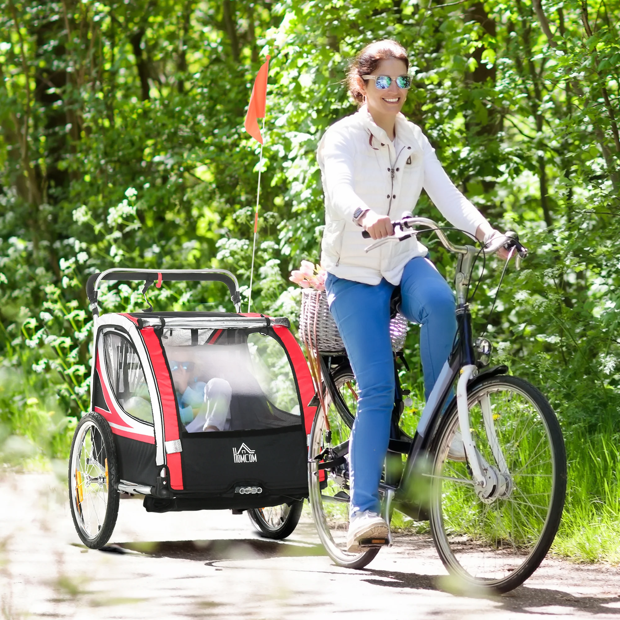HOMCOM Kinderfahrradanhänger 2in1 Schiebewagen sichere Fahrt rot