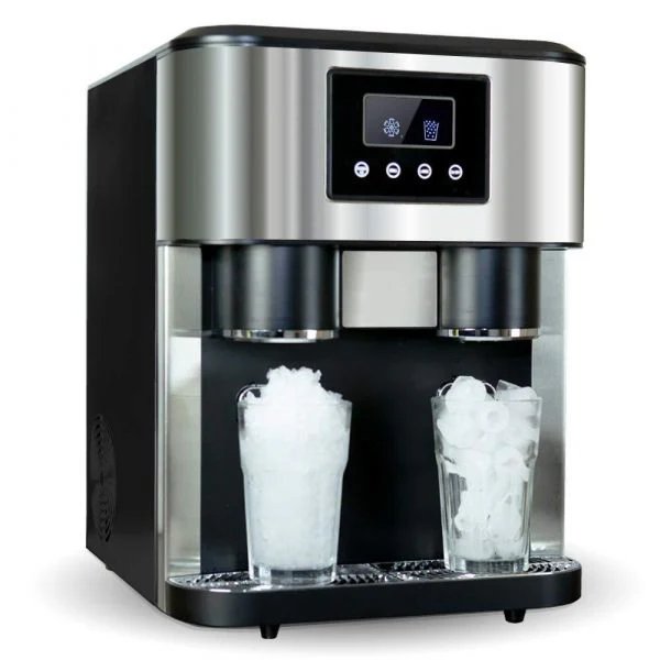 2025 Tritaghiaccio e fabbricatore di cubetti di ghiaccio con funzione acqua ghiacciata, modello da tavolo in acciaio inox, dimensione del ghiaccio regolabile, incluso pala e kit di approvvigionamento idrico.