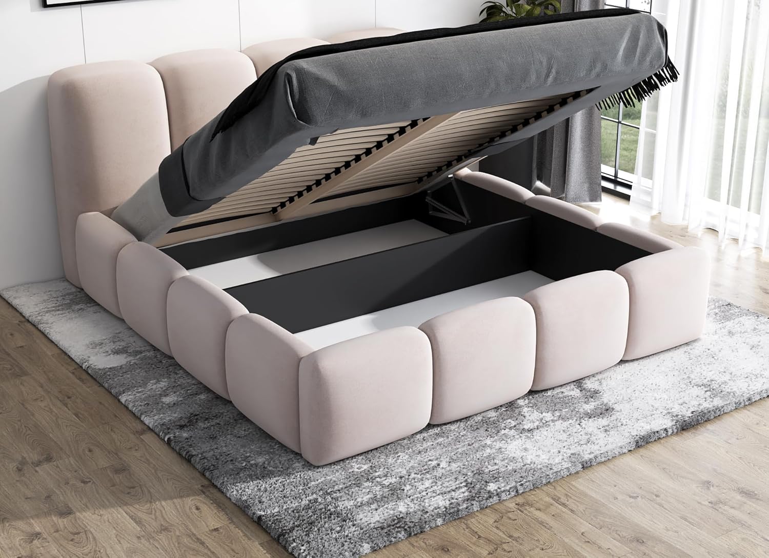 A&J MöbelLand Polsterbett 180x200 mit Bettkasten und Lattenrost – DONA, Bett mit Matratze und Stauraum in Dunkelgrau