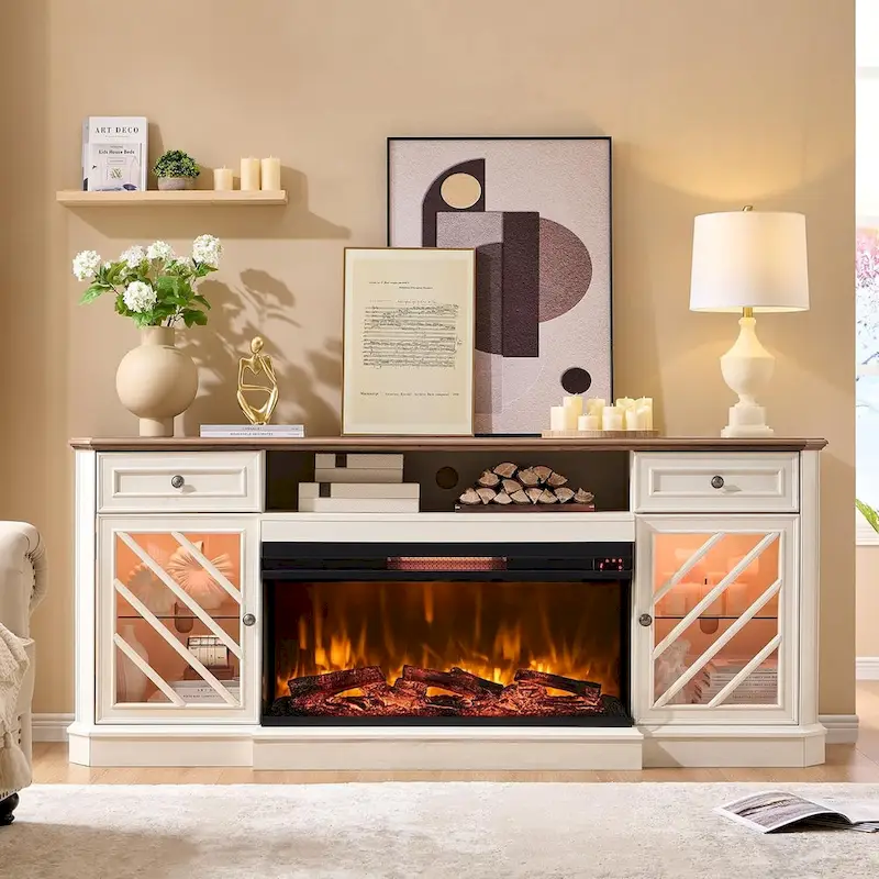 Farmhouse TV Stand with 3-Sided Fireplace, Entertainment Center