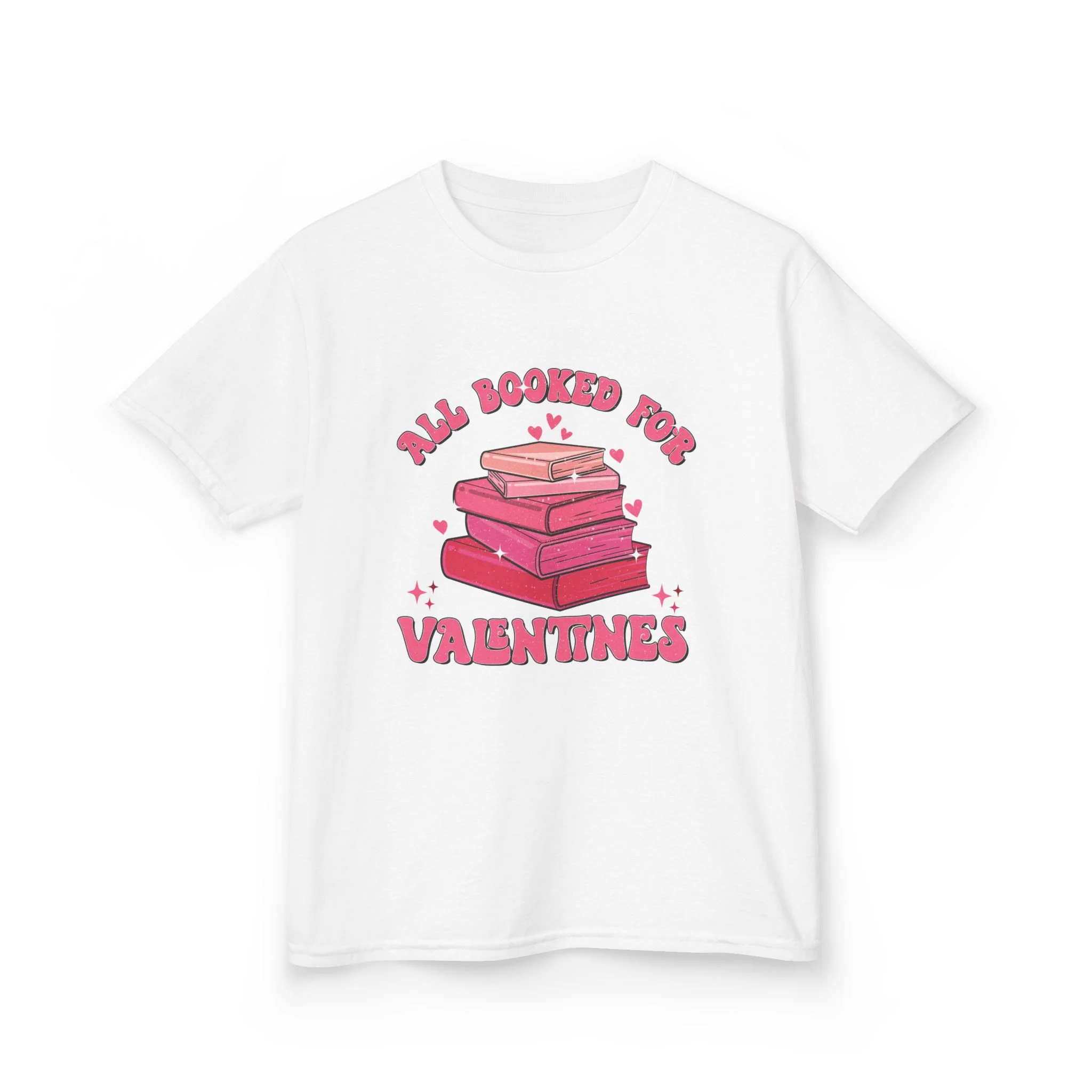 All Booked Up Valentines Kids Tee | Stack of Books, Pink Hearts