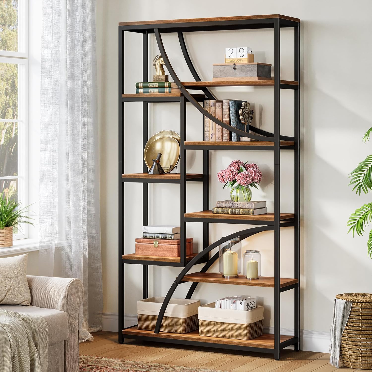 Tribesigns Bücherregal, 180 cm Regal mit 9 Ebenen, Großer Geometrischer Bücherschrank mit Offenen Fächern, Frei Stehendes Holz- & Metall Standregal für Wohnzimmer, Industrie-Design, Braun & Schwarz