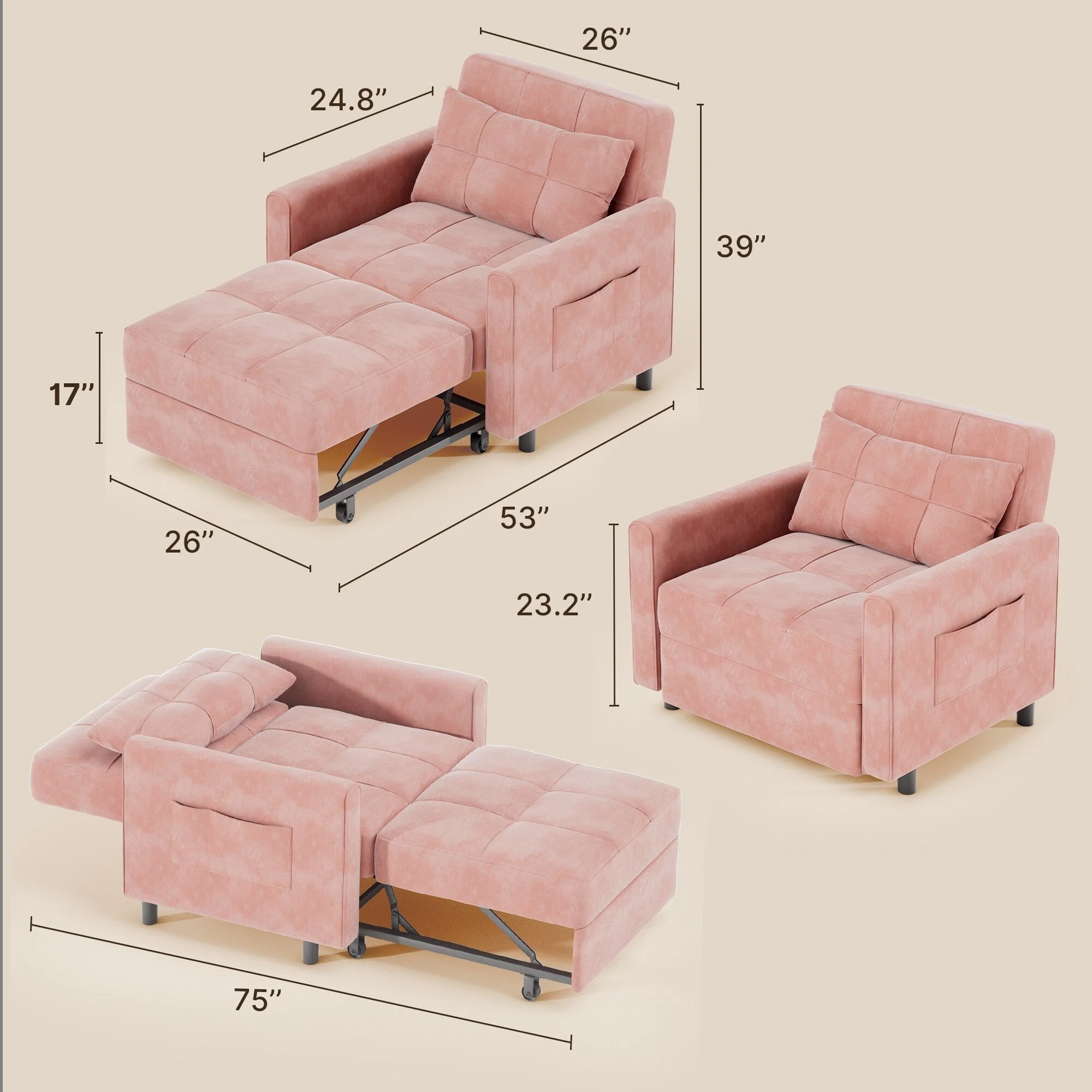 3-in-1 Adjustable Sleeper Sofa Bed, Pull Out Chair Sofa, Convertible Folding Bed for Living Room
