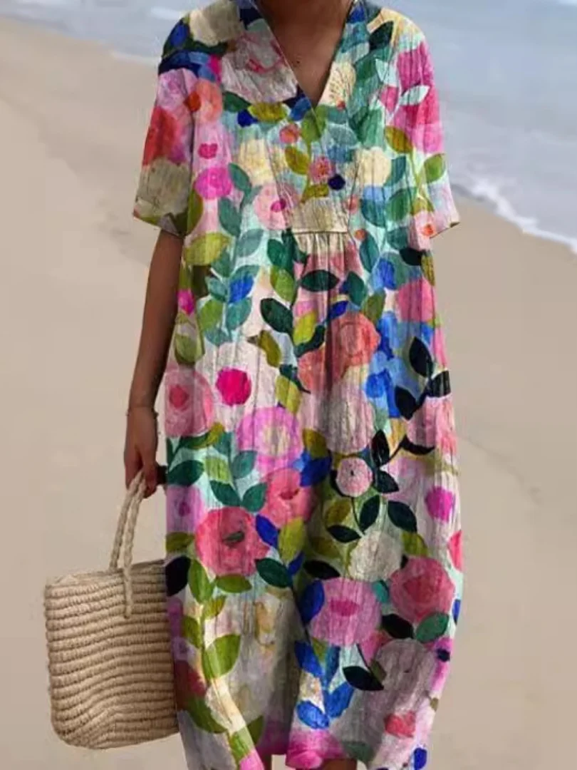 Womena??s Floral Midi Dress Relaxed Fit Short Sleeve Summer Style