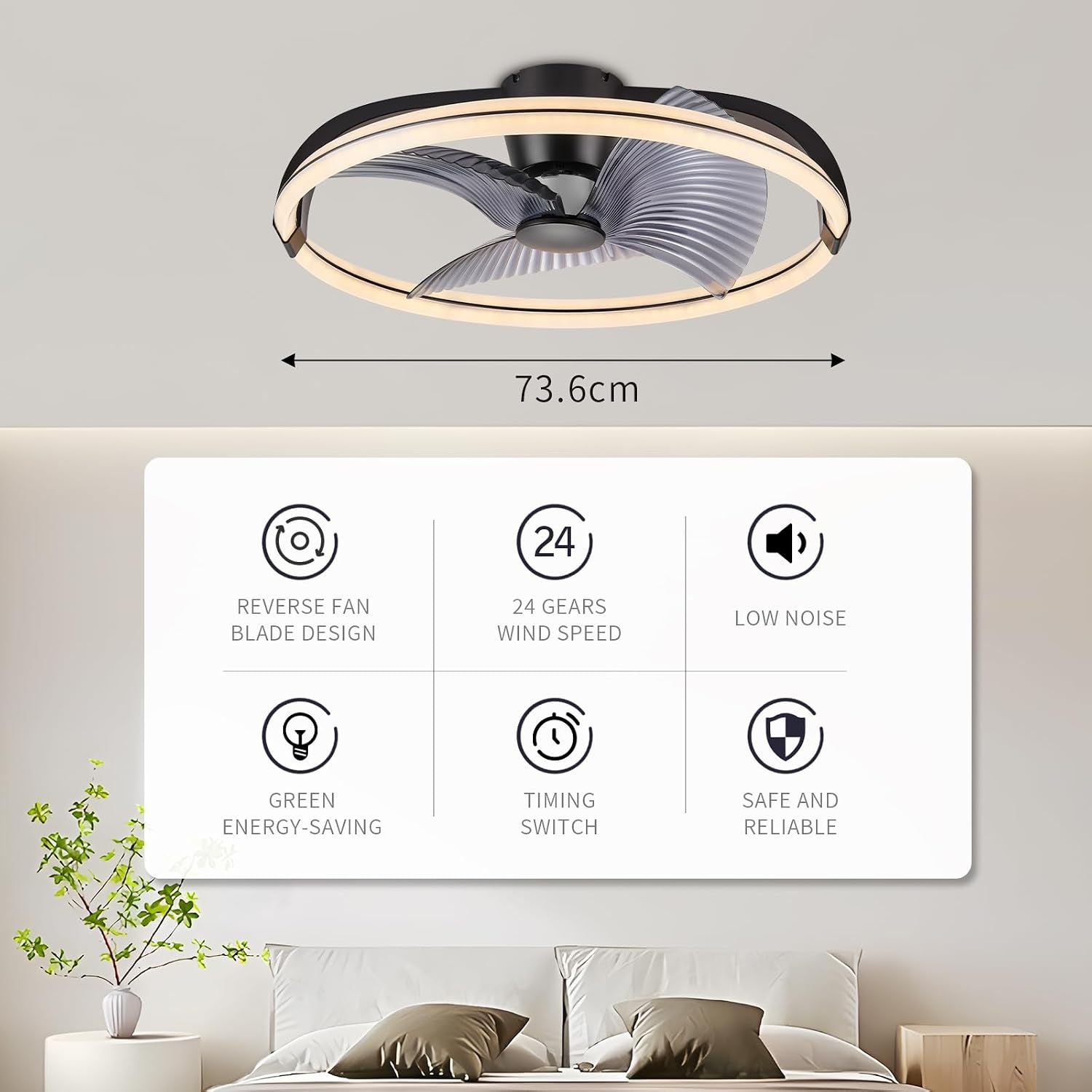 73CM moderne LED-Deckenleuchte mit Ventilator, Deckenventilator mit Lampe, 6 Lüftungsgeschwindigkeiten, mühelose Lichtdimmung, für Wohnzimmer, Esszimmer, Schlafzimmer, Büro, 3000-5500 K