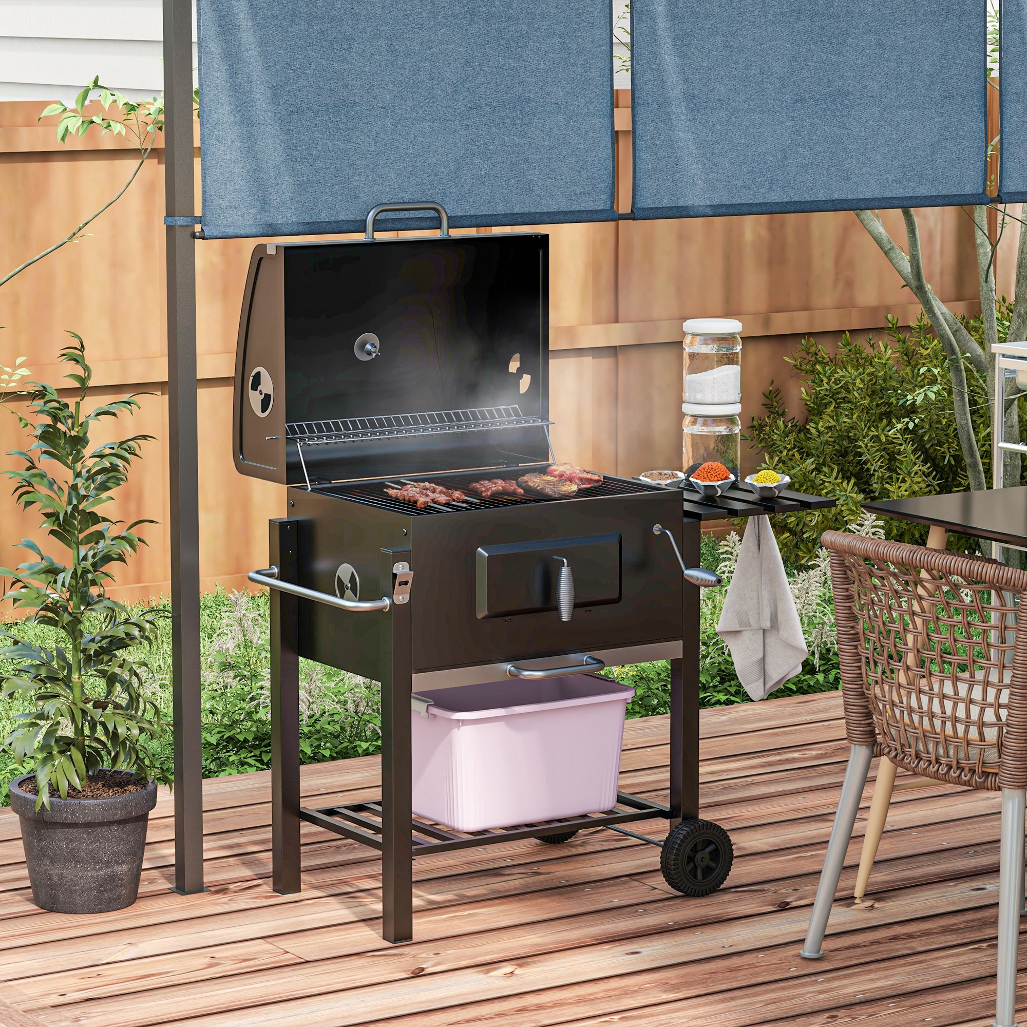 Outsunny Houtskoolbarbecue Smoker BBQ-Smoker, 1 Opbergruimte, 1 Handdoekhouder, 2 Grillroosters, 113 cm x 65 cm x 108 cm, Zwart