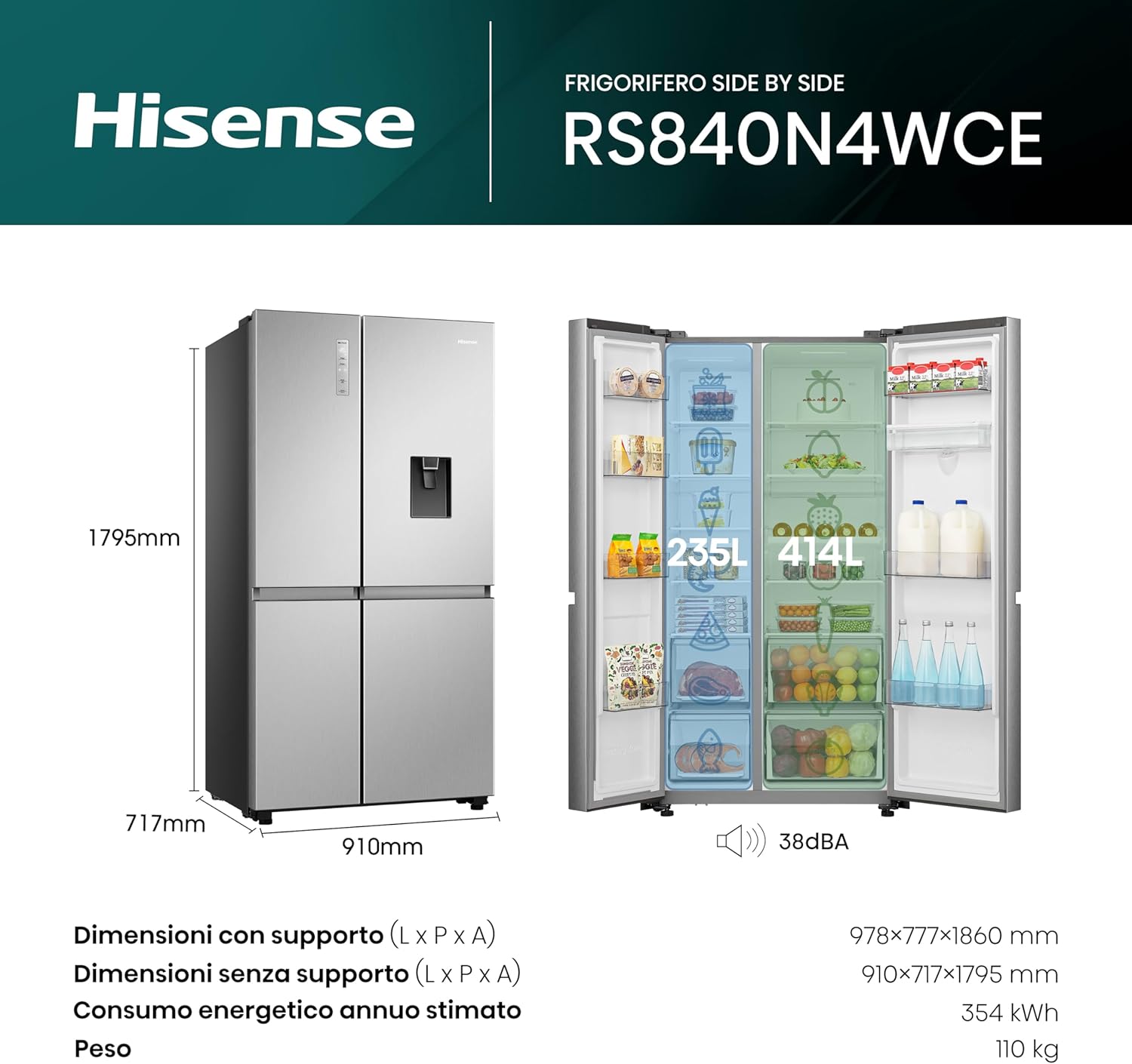 Hisense RS840N4WCE, Frigorifero Side by Side, Control touch, Grande capactià 649 litri, Total no frost, Motore inverter, Dispenser acqua senza attacco rete idrica