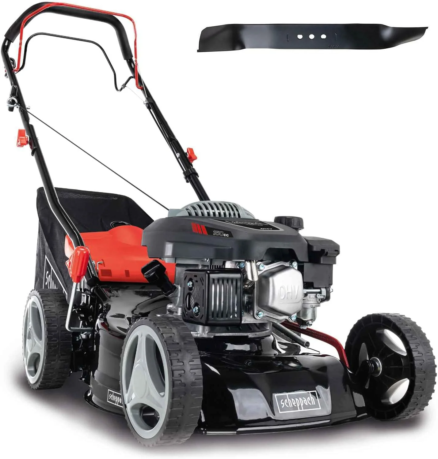 Scheppach Benzin Rasenmäher MS150-42 - 3,5PS | Schnittbreite 42cm | Radantrieb | Stahlgehäuse | Reinigungsfunktion | Mulchfunktion | 45 Liter Fangkorb | Höhenverstellung in 7 Stufen (25-75mm)
