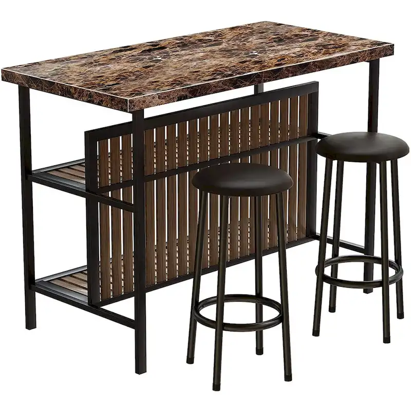 Kitchen Island with 2 Stools and Open Shelves