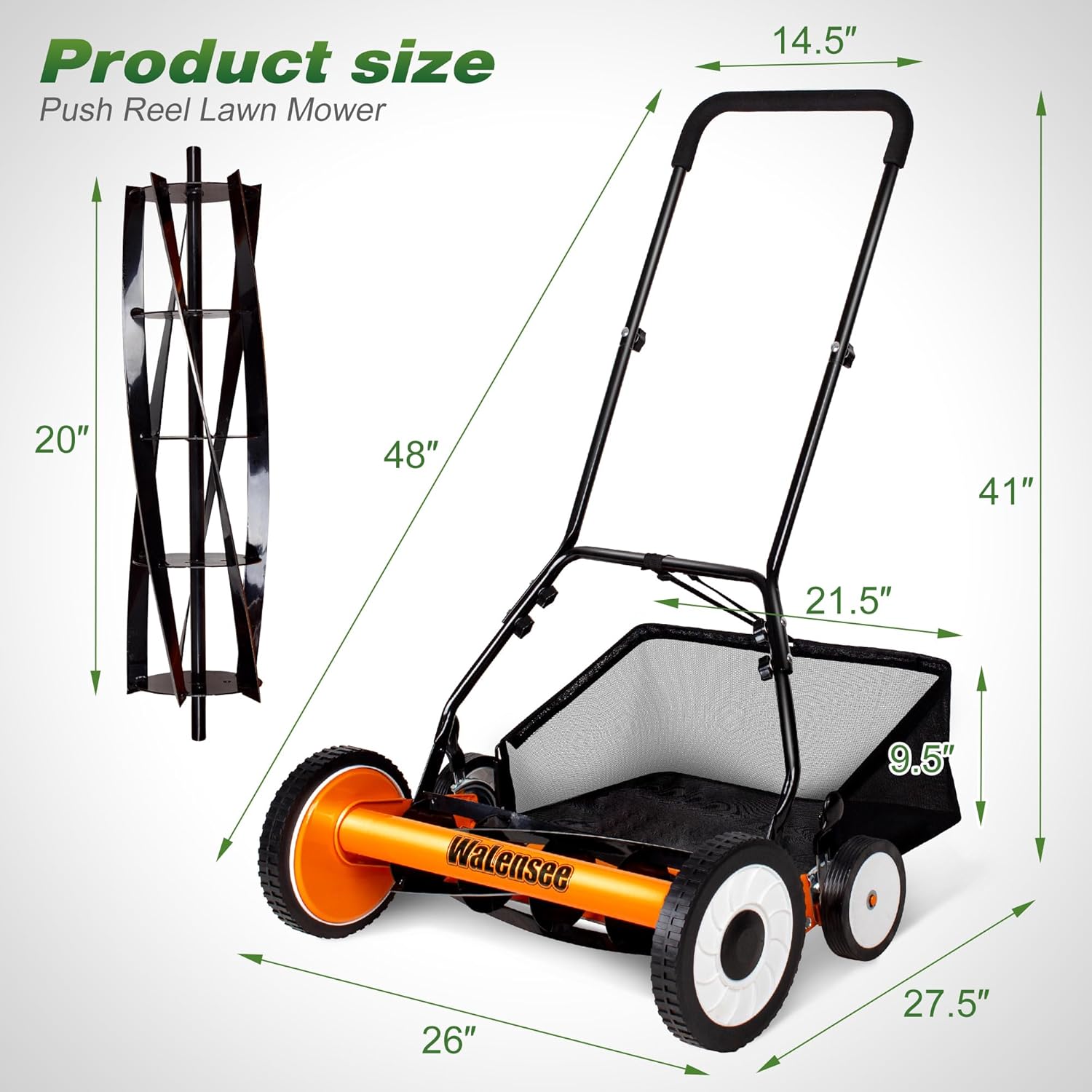 Walensee 20-Inch 5-Blade Push Reel Lawn Mower  Cordless Manual Reel Lawn Mower Walk-Behind Steel Lawn Mowers with Removable 11.8-Gallon Grass Catcher  Sponge Grip  9-Position Cutting Height Adjustment