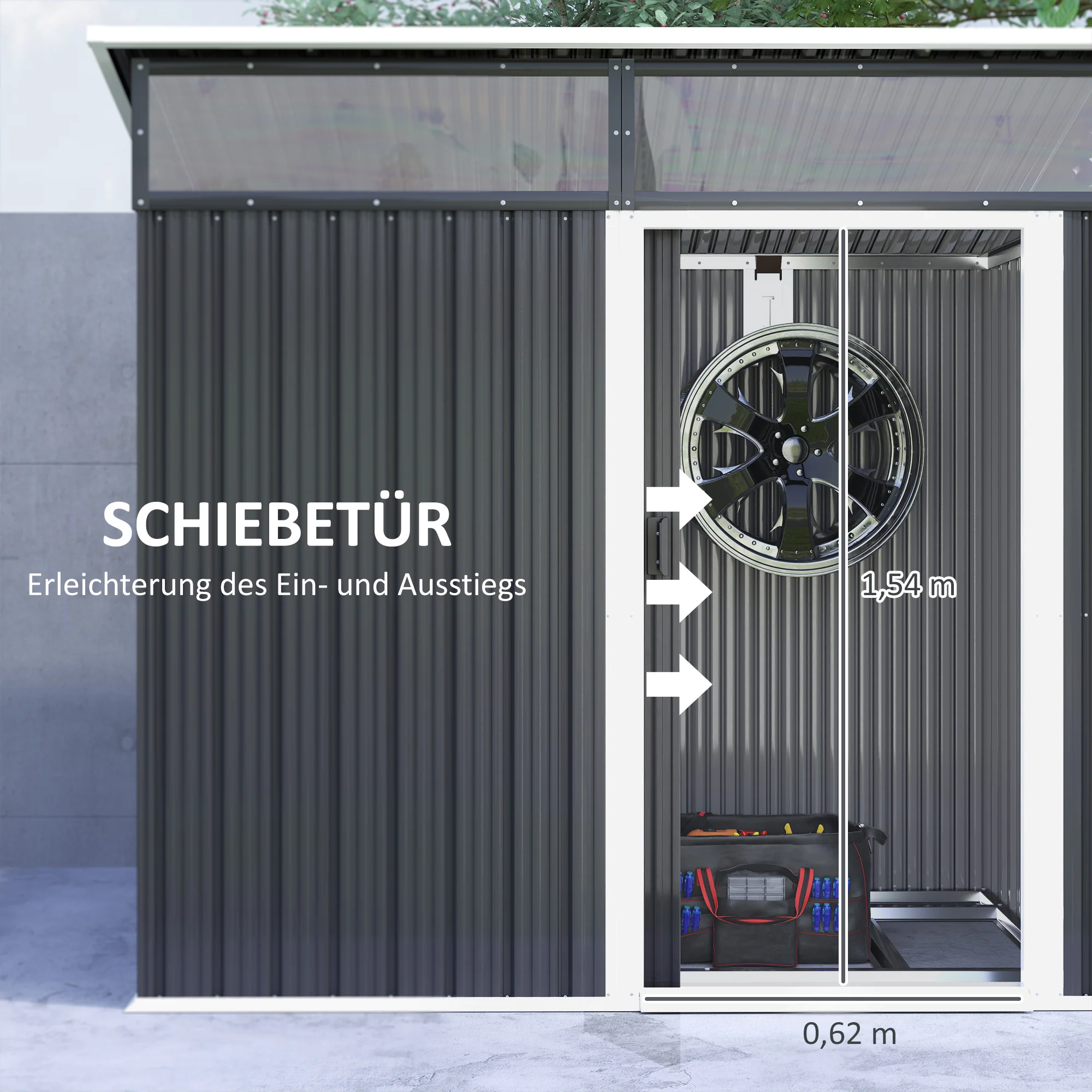 Outsunny Tuinschuur, Gereedschapsschuur met Vensters, Ventilatieopeningen, Schuifdeur, Waterdicht Staal, Weerbestendig, Donkergrijs