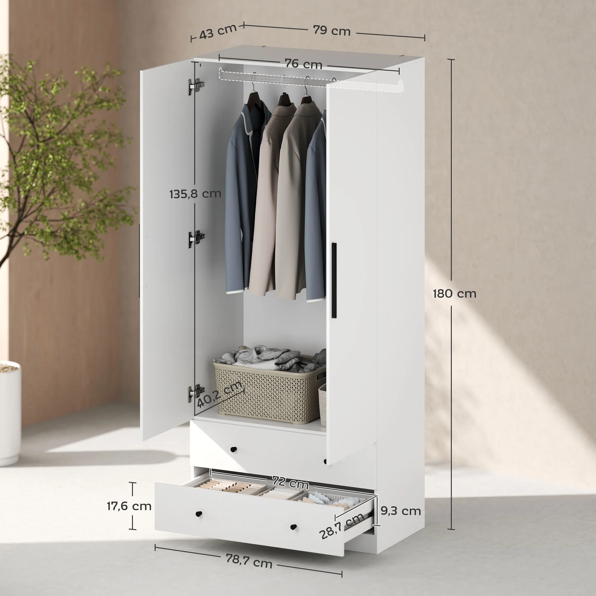 HOMCOM Garderobekast, 2-Deurs, Hangruimte, Kledingstang, 2 Laden, Spaanplaat, Wit