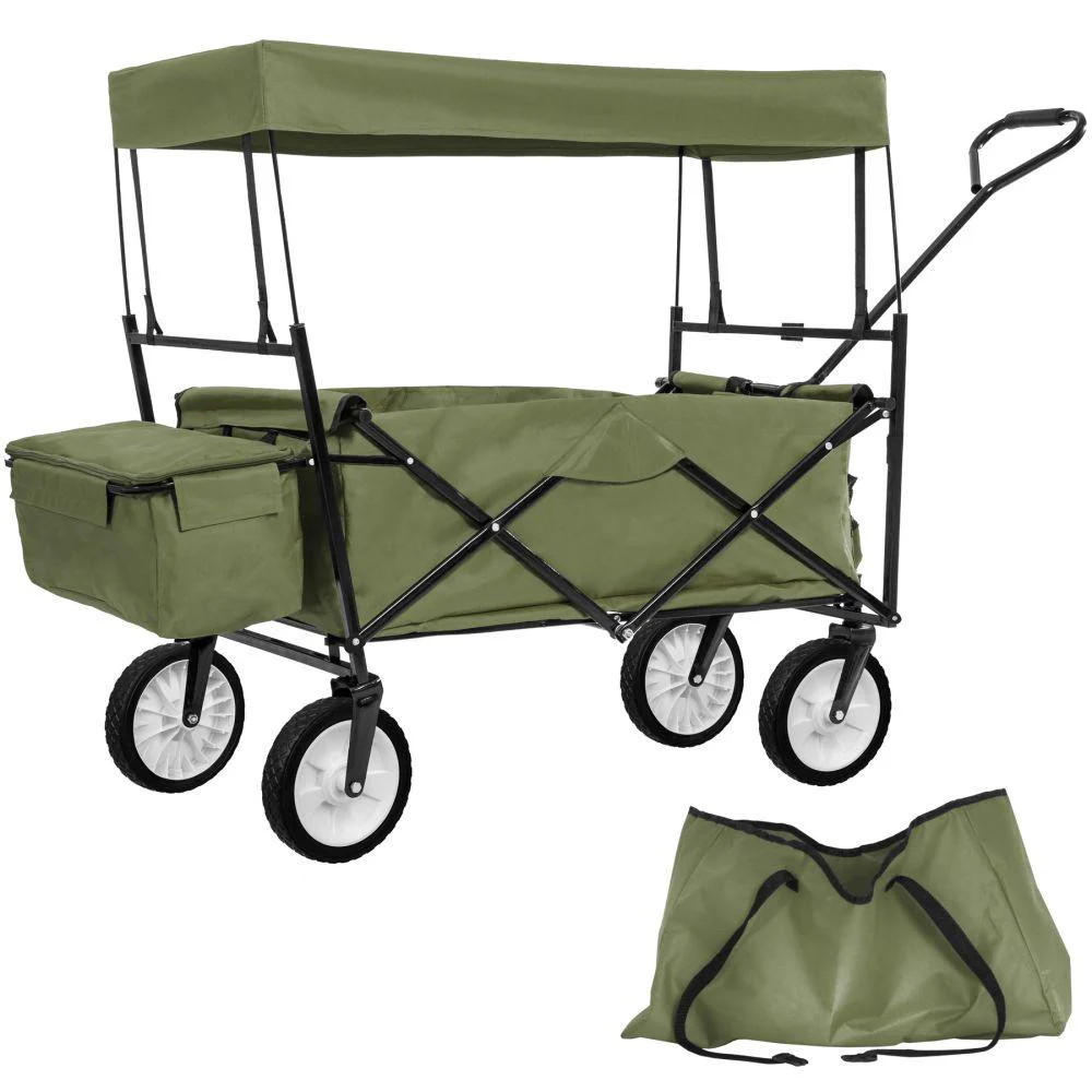 Carrello da giardino pieghevole 70 kg con tetto + sacco verde