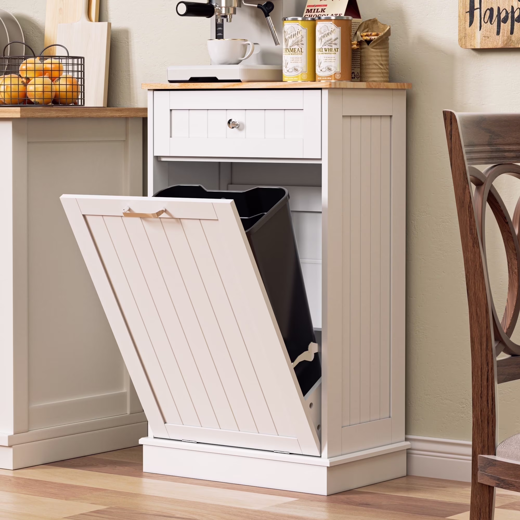 HARIPUL Single Tilt Out Trash Cabinet for 13 Gallon Waste Bin, Free Standing Kitchen Trash Can Cabinet with Drawers, White
