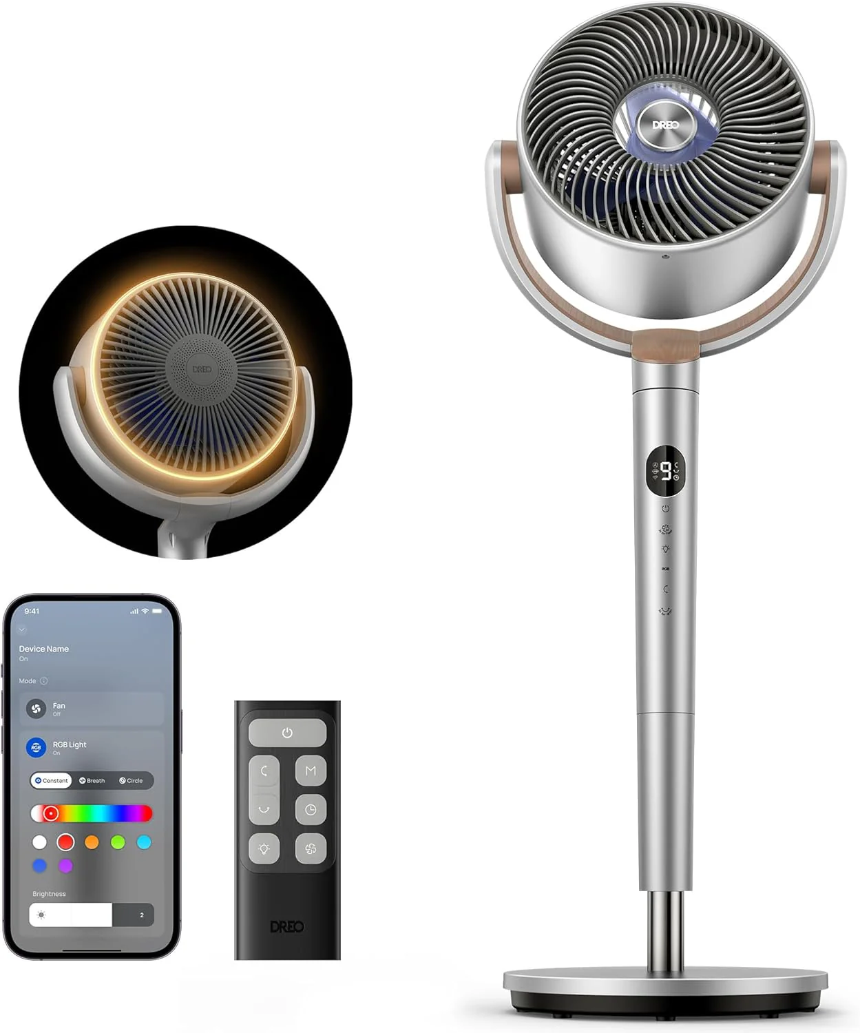 DREO Smart Fan for Bedroom, 120掳 +120掳 Omni-Directional Oscillating Fans, 100ft Quiet Pedestal Fan with RGB Light, 9 Speeds, 6 Modes, 20dB, 8H Timer, Wi-Fi/Voice/Alexa, 37-42