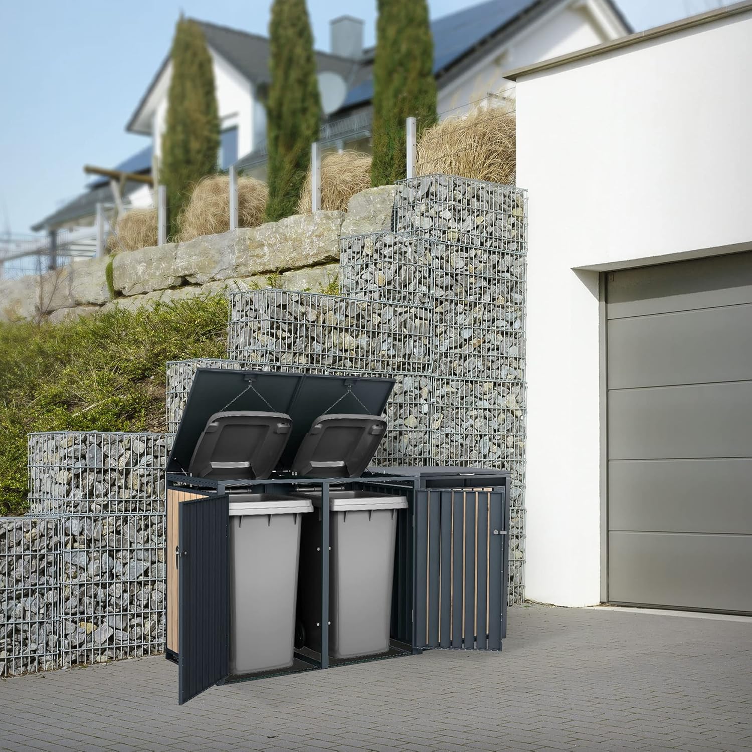 ML-Design Mülltonnenbox 3er 3 Tonnen 240L 200x80x116,3cm Anthrazit-Holzoptik, Stahl wetterfest/abschließbar Mülltonnenverkleidung Klappdeckel/3 Türen, Müllbox Mülltonnecontainer Mülltonnenabdeckung