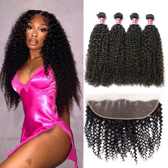 Brazilian Kinky Curly Hair 4 Bundles With 13X4 Lace Frontal 100% Virgin Human Hair Weaves