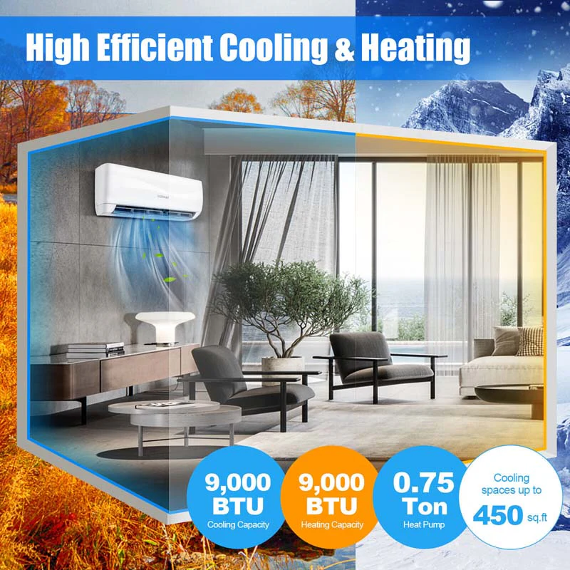 9000 Btu 17 Seer2 Mini Split Air Conditioner Amp Heater Ductless Inverter System 208 230V Wall Mounted Ac Unit With Heat Pump